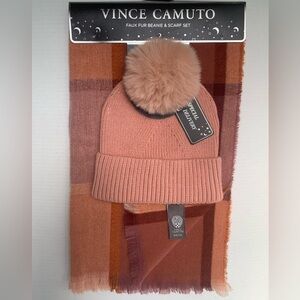 VINCE CAMUTO Scarf Hat Set Faux Fur Beanie Pom Plaid & Herringbone Scarf Caramel
